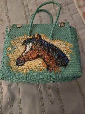 Turquoise Woven Handbag with Painted Horse Motif